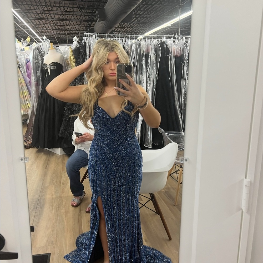 Strapless Navy Beaded Evening Gown